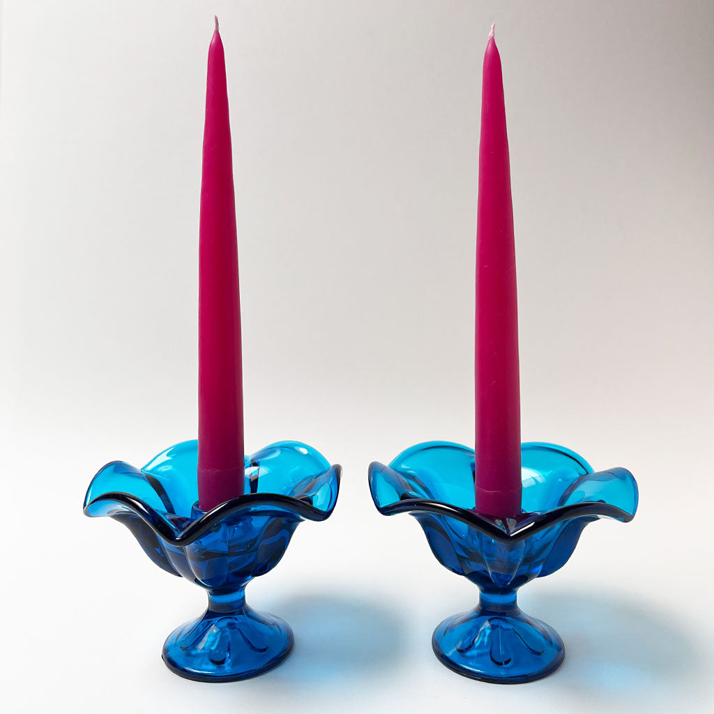 Vintage Blue Glass Footed Candle Holder (Pair) PATCH NYC