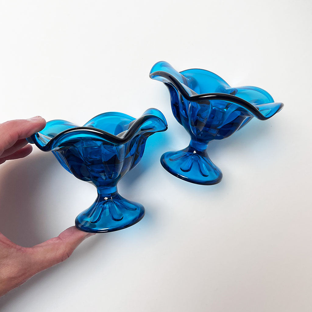 Vintage Blue Glass Footed Candle Holder (Pair) PATCH NYC